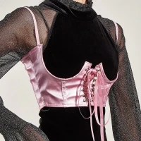 Streetwear Gothic Dark PU Leather Crop Top Women Hook Lace Up Punk Style