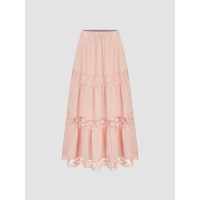 Woven Mid Rise Lace Ruffle Tiered Maxi Skirt