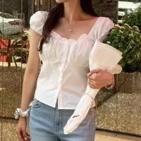Puff Sleeve Square-Neck Plain Ruffled-Trim Button-Up Crop Top