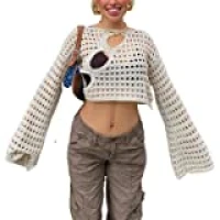 Women&#39;s Crop Tops Y2K Patchwork Crochet Top Cardigan Crop Sweater Going Out Tops for Women Long Sleeve Vintage Streetwear at Amazon Women’s Clothing store