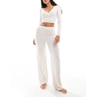 Kaiia wrap front long sleeve pyjama top co-ord in cream and pink bow print