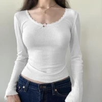 Long-Sleeve Scoop Neck Plain Lace Trim Flower Detail Ribbed T-Shirt