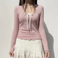 Long Sleeve Lace Panel Bow Accent Lettuce Edge Ribbed Top