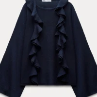 ZARA ruffle scarf wool blend navy blue Sweater size small NWT