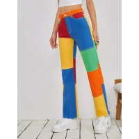 Color Block Raw Hem Straight Jeans