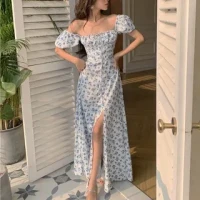 Blue Vintage Coquette Puff-Sleeve Floral Print Slit Maxi A-Line Dress