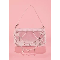 Sugar Thrillz Pearl Rosary Cross Charm Shoulder Bag - Pink Velvet
