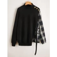 Mock Neck Contrast Plaid Raglan Sleeve Sweatshirt