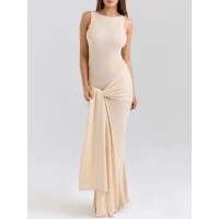AKAIA Champagne Draped Silky Knit Maxi Dress | Nordstrom