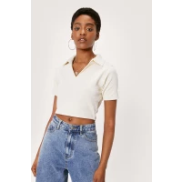Womens Cropped Collared Ribbed Short Sleeve Top - White - 8, White