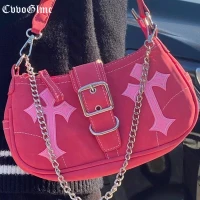 Punk Rock Rose Red Shoulder Underarm Bag Women's Handbag and Purse Designer Pu Leather Cross Motorcycle Y2K Crossbody Bag