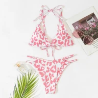 Leopard Rib Halter Bikini Swimsuit