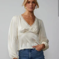Long Sleeve Deep V-Neck Lace Trim Top | NY&Co