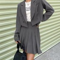 Double Button Blazer & Pleated Skirt