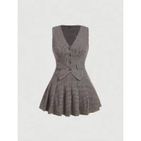 SHEIN MOD Houndstooth Print Button Front Vest Blazer & Pleated Skirt
