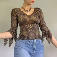 Elbow-Sleeve Lace Trim Print Top
