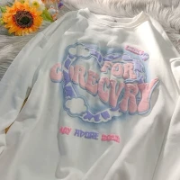 Purpdrank Oversized Hoodies Harajuku Lovely Crewneck Sweatshirt Women Letter Printing Pullover Cute Loose Long Sleeve Tops For Girls Teens - Sugar Blue / S