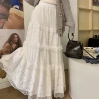 Elastic Waist Plain Tiered Lace Trim Maxi A-Line Skirt