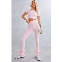 PRETTYLITTLETHING Baby Pink Sport Metal Badge Sculpt High Waist Flare Pants