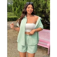 SHEIN EZwear Plus Size Striped Short-Sleeved Shirt And Shorts Set