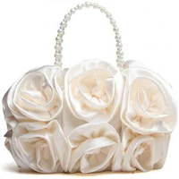 Satin Rose Pure Color Evening Bag Evening Clutches for Women Handbag Purse Wedding Handbags with Pearl Beaded Chain Handle Red