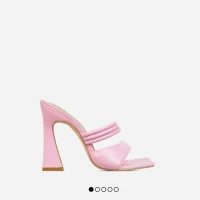 Double-Dutch Strappy Detail Square Peep Toe Flared Block Heel Mule In Pink Faux Leather