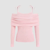 Wool-Blend Off-shoulder Bowknot Knitted Long Sleeve Top