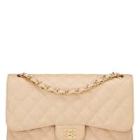 Chanel Beige Quilted Caviar New Classic Double Flap Jumbo Handbag