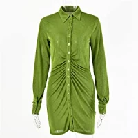 Women Sexy Elegant Pleated Turn-Down Collar Button Blouse Dress Long Sleeve Ruched Mini Dress