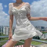 HERMITAKH - Puff-Sleeve V-Neck Tie-Front Mesh Mini A-Line Dress | YesStyle