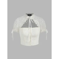 Floral Lace Sheer Cut Out Button Knotted Crop Top
