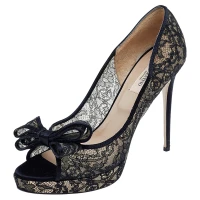 Valentino Black Floral Lace Bow Lace Peep Toe Platform Pumps