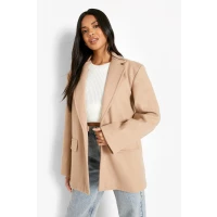 Womens Oversized Wool Look Blazer - Beige - 4