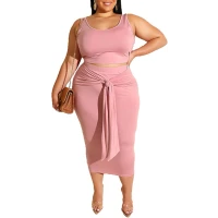 Womens Sexy Plus Size 2 Piece Midi Dress Outfits - Sleeveless Tie Dye Print Tank Crop Top Bodycon Skirts Set