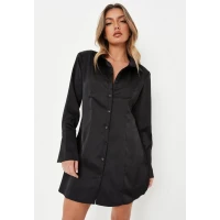 Black Satin Deep Cuff Shirt Dress