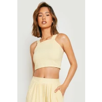 Womens Linen Look Tie Back Crop - Yellow - 4