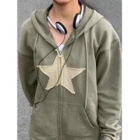 Vintage Star Patch Baggy Zip Up Hoodie