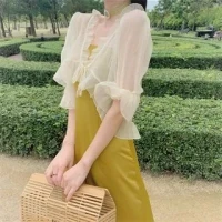 Short-Sleeve Plain Ruffle Trim Crop Tie Front Light Jacket