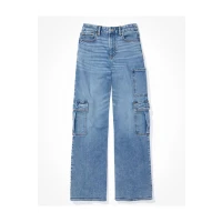 AE Curvy Super High-Waisted Baggy Wide-Leg Cargo Jean Womens Light Bright Indigo 2 Long