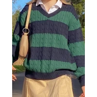 Cable Knit V Neck Striped Sweater