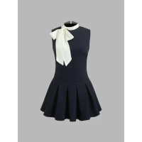 Stand Collar Solid Bowknot Pleated Mini Dress