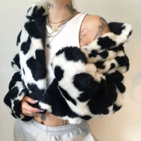 Bababy - Fluffy Cow Print Cropped Jacket