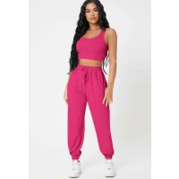 SHEIN PETITE Solid Crop Tank Top And Joggers Set