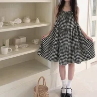Spaghetti Strap Plaid A-Line Dress Gingham Black