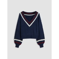 Cable Knit V-neck Solid Contrasting Binding Long Sleeve Top
