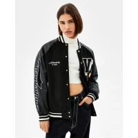 Varsity Jacket With Patch Details And Faux Leather Sleeves