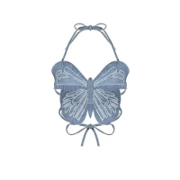 Phloomie - Short-Sleeve Mesh T-Shirt / Sleeveless Lace Top / Lace Arm Sleeves / Halter Distressed Denim Butterfly Camisole Top / Set