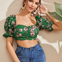 Allover Floral Ruched Shirred Crop Top