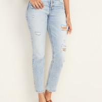 High-Waisted Distressed Power Slim Straight Button-Fly Jeans For Women