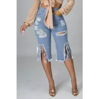 Baby Blue Sexy Street Solid Tassel Ripped Make Old Patchwork High Waist Straight Denim Shorts